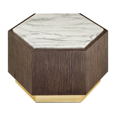 Dark Oak Hexagon Wood Side Table With White & Grey Marble Top & Gold Metal Base, Villi