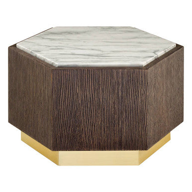 Dark Oak Hexagon Wood Side Table With White & Grey Marble Top & Gold Metal Base, Villi