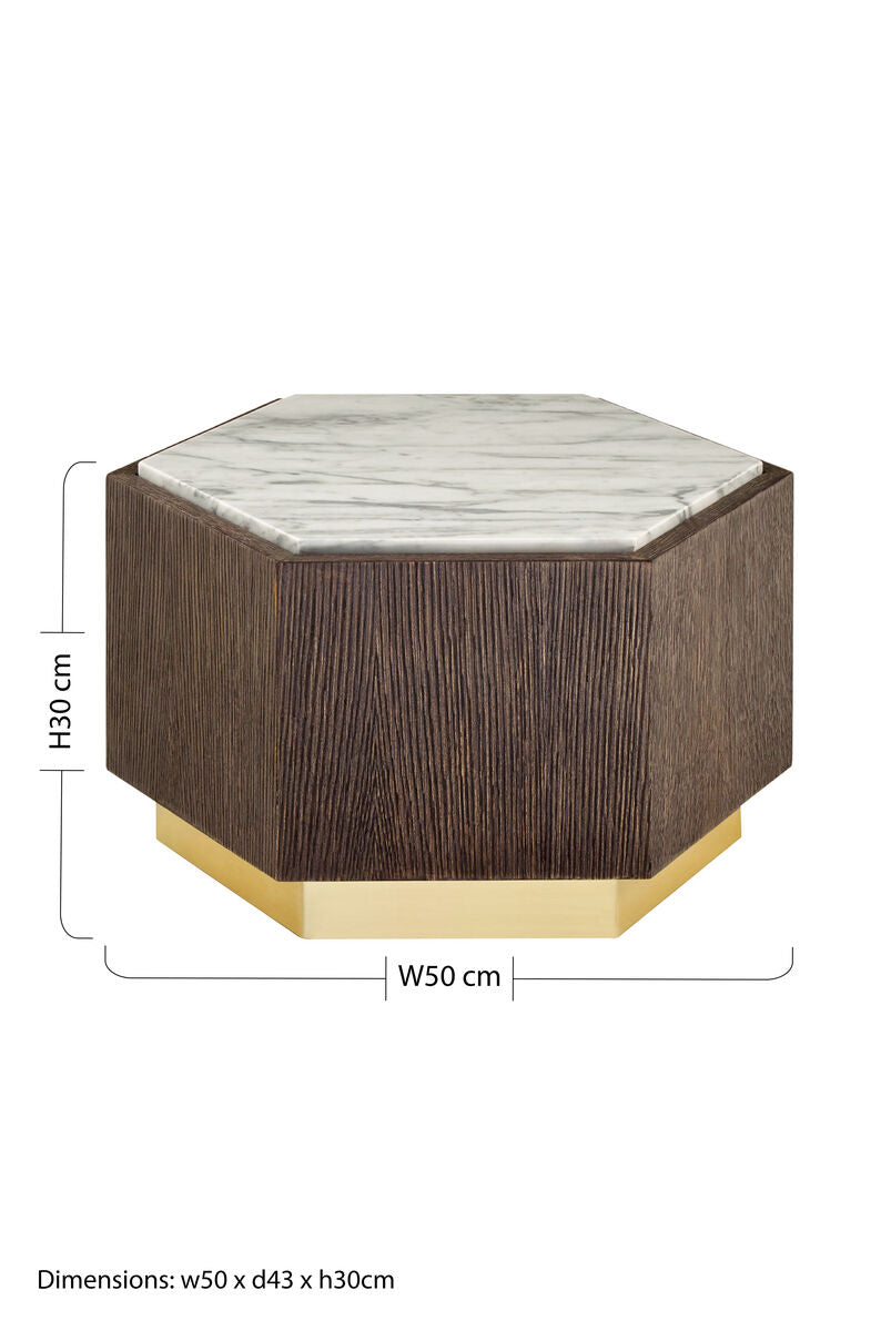 Dark Oak Hexagon Wood Side Table With White & Grey Marble Top & Gold Metal Base, Villi