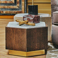 Dark Oak Hexagon Wood Side Table With White & Grey Marble Top & Gold Metal Base, Villi