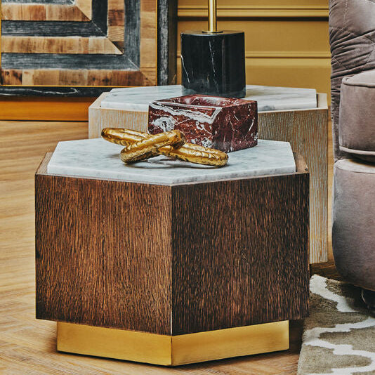 Dark Oak Hexagon Wood Side Table With White & Grey Marble Top & Gold Metal Base, Villi