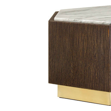 Dark Oak Hexagon Wood Side Table With White & Grey Marble Top & Gold Metal Base, Villi