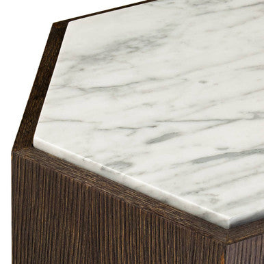 Dark Oak Hexagon Wood Side Table With White & Grey Marble Top & Gold Metal Base, Villi