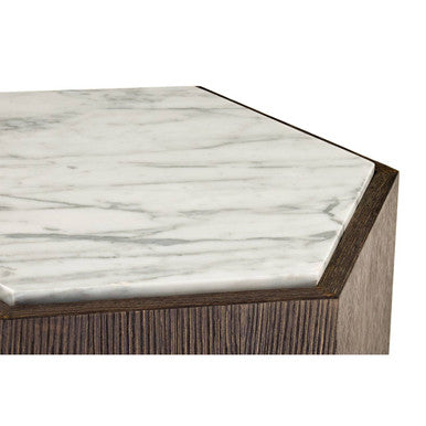 Dark Oak Hexagon Wood Side Table With White & Grey Marble Top & Gold Metal Base, Villi