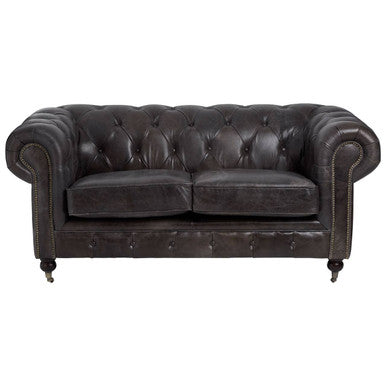2 Seat Dark Grey Brown Leather Chesterfield Sofa, Victor