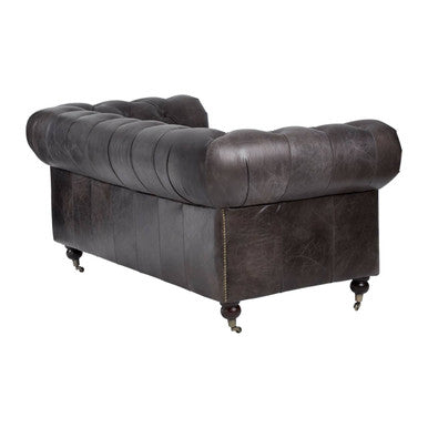 2 Seat Dark Grey Brown Leather Chesterfield Sofa, Victor