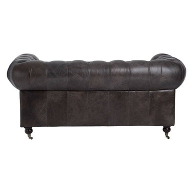 2 Seat Dark Grey Brown Leather Chesterfield Sofa, Victor