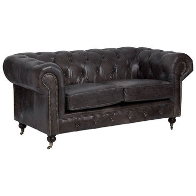 2 Seat Dark Grey Brown Leather Chesterfield Sofa, Victor