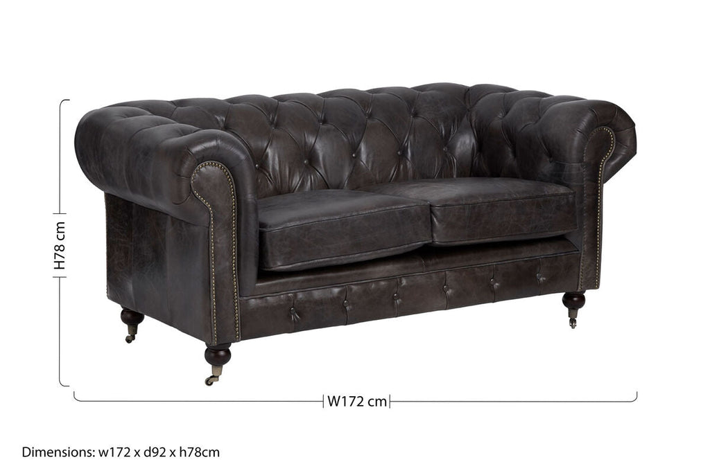 2 Seat Dark Grey Brown Leather Chesterfield Sofa, Victor