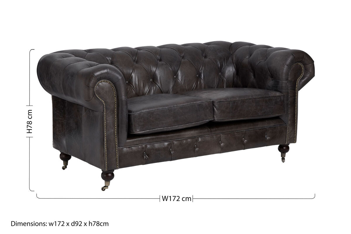 2 Seat Dark Grey Brown Leather Chesterfield Sofa, Victor