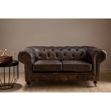 2 Seat Dark Grey Brown Leather Chesterfield Sofa, Victor