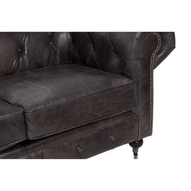 2 Seat Dark Grey Brown Leather Chesterfield Sofa, Victor