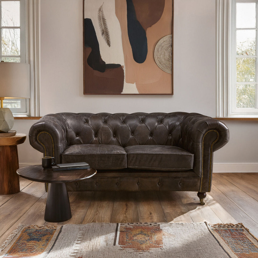 2 Seat Dark Grey Brown Leather Chesterfield Sofa, Victor