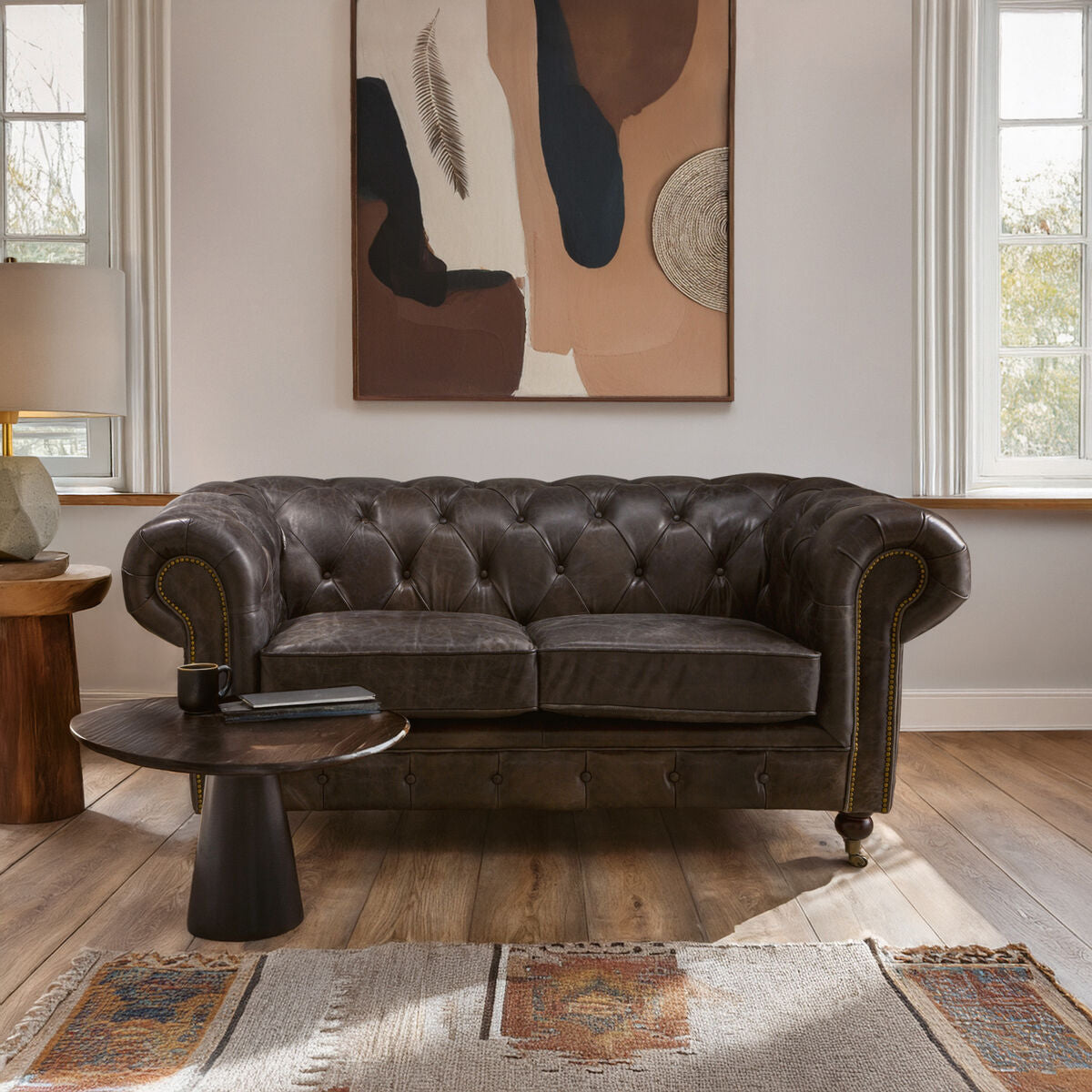 2 Seat Dark Grey Brown Leather Chesterfield Sofa, Victor