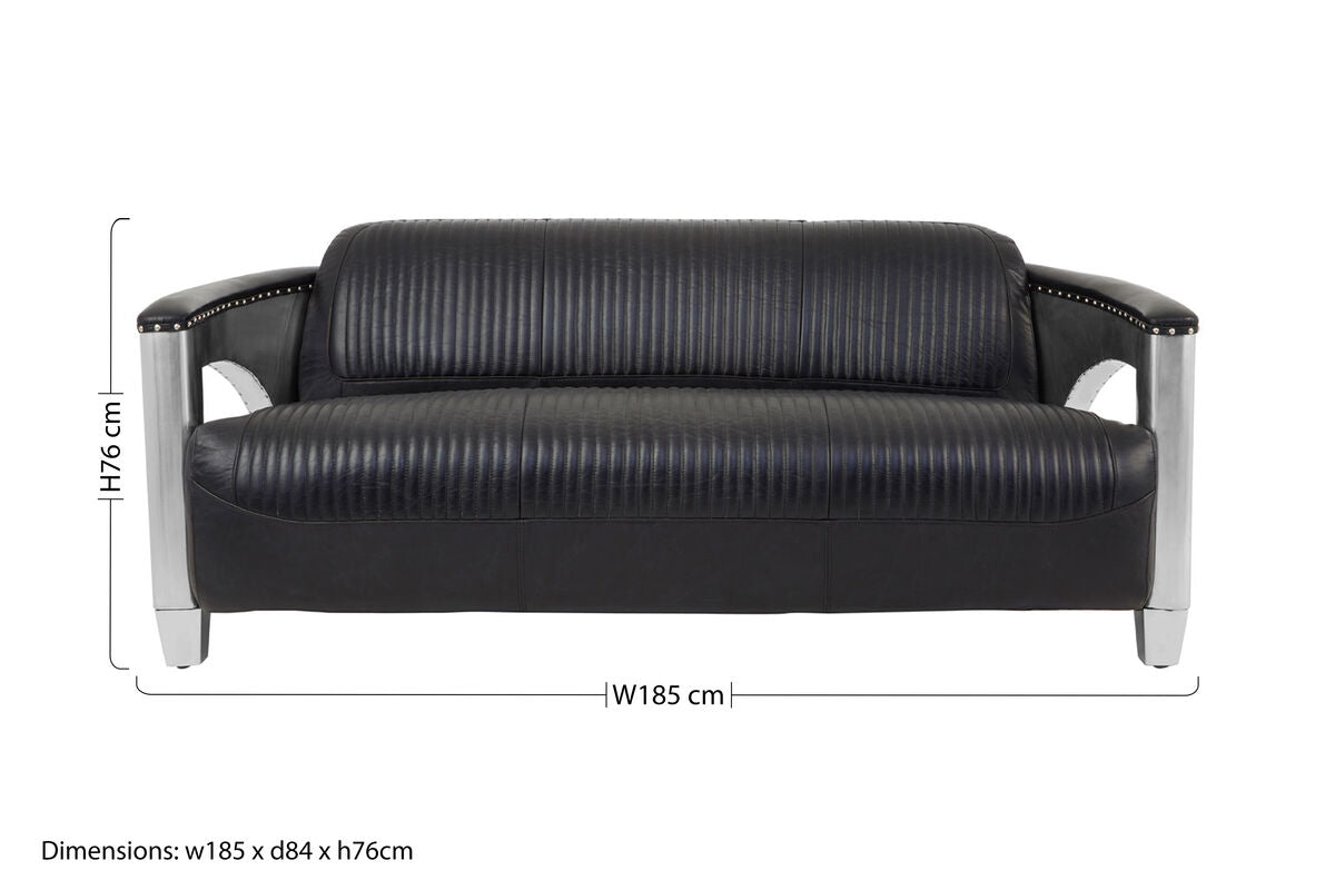 3 Seat Black Leather Sofa, Victor