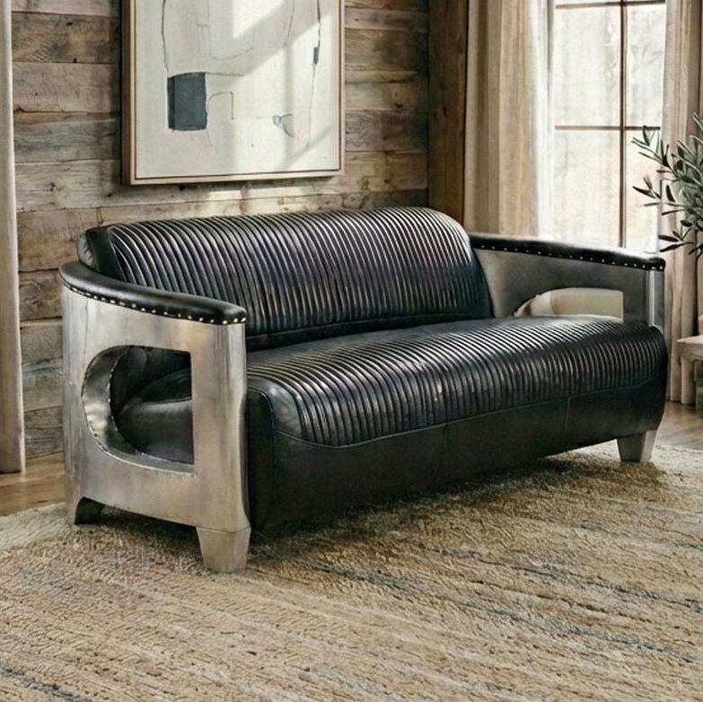 3 Seat Black Leather Sofa, Victor