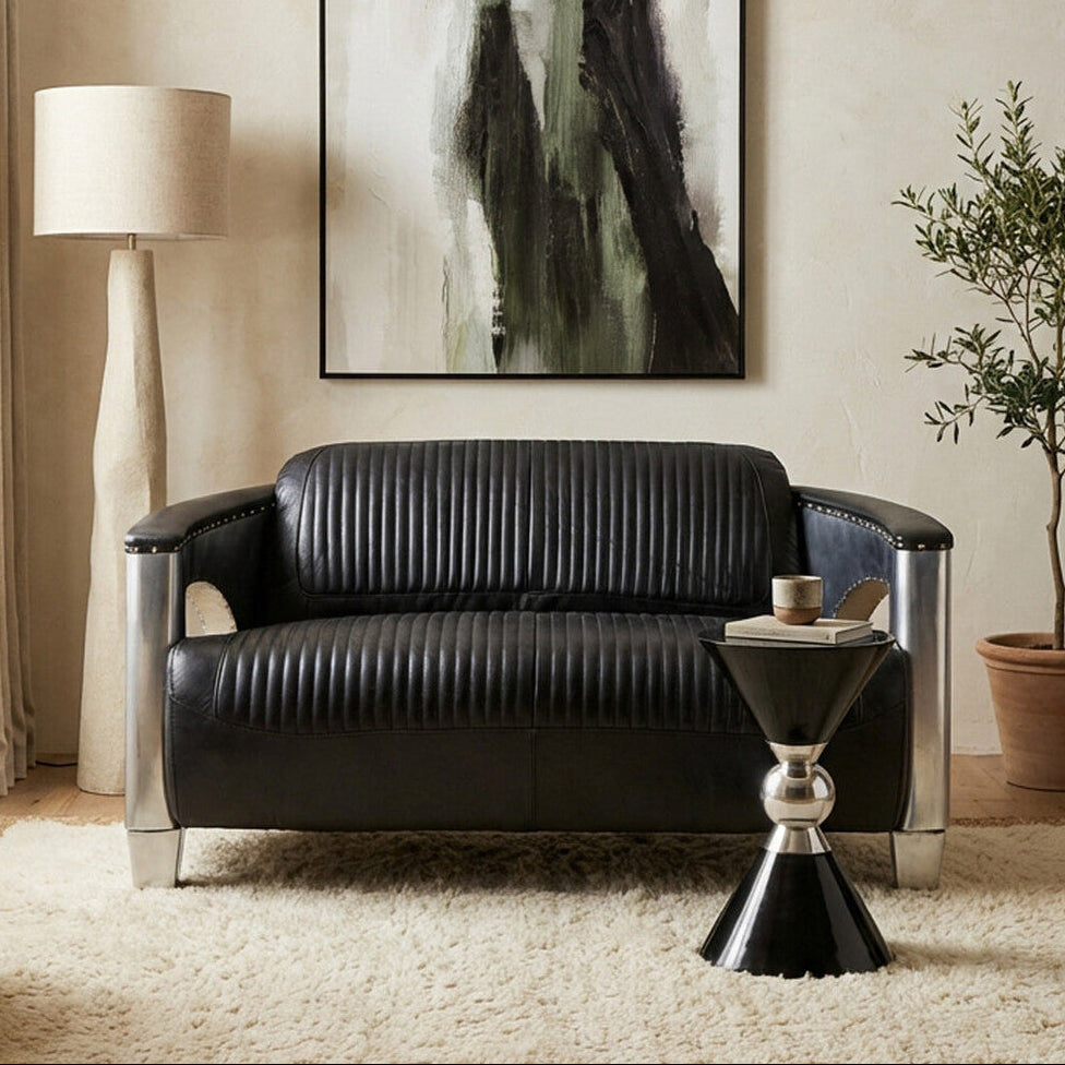 2 Seat Black Leather Sofa, Victor
