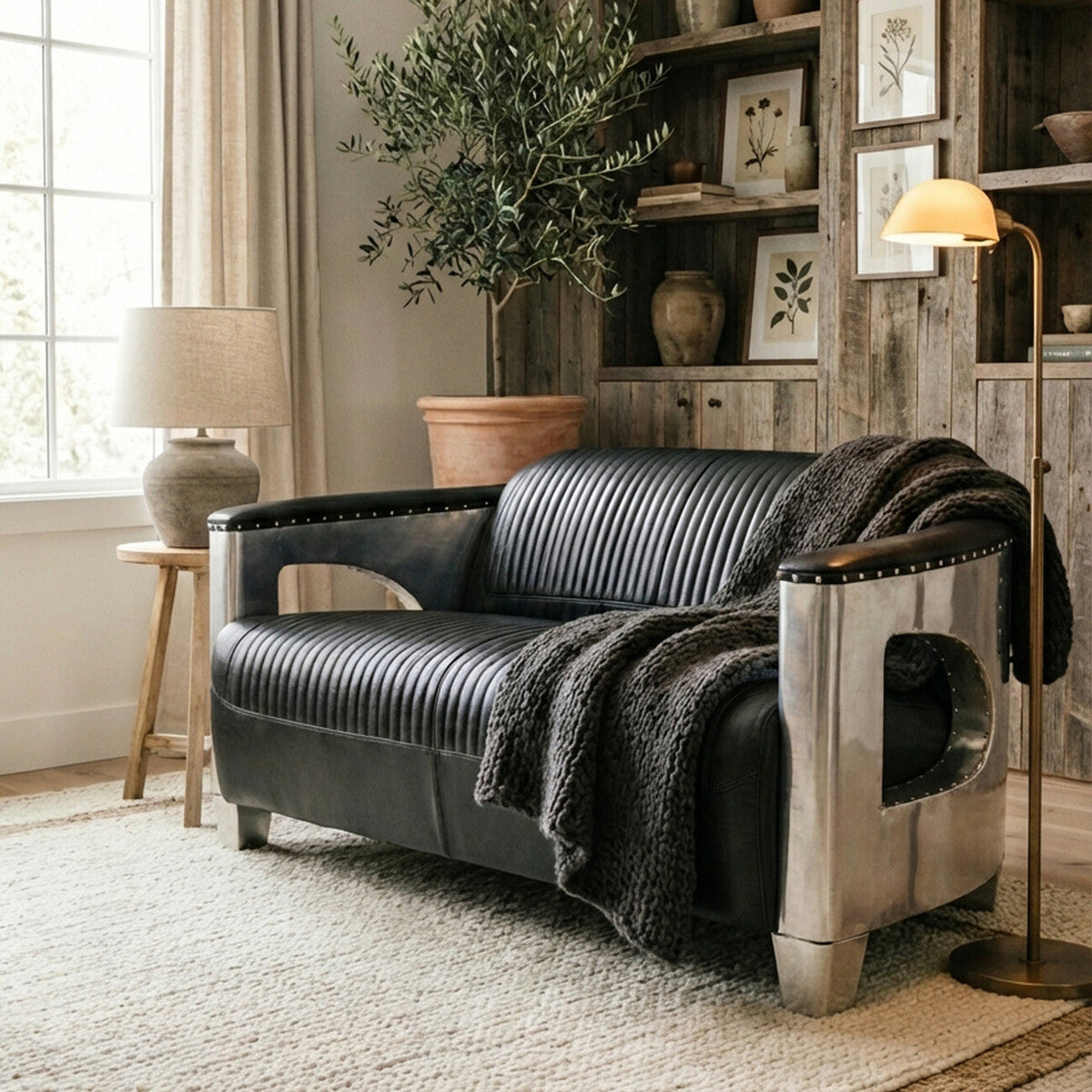 2 Seat Black Leather Sofa, Victor