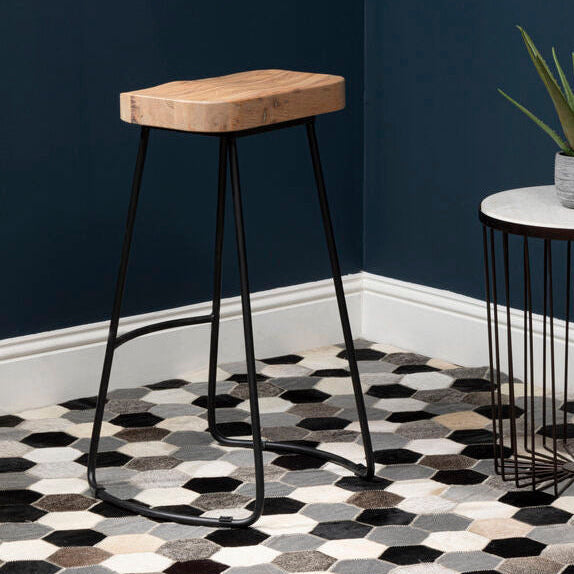 Lyon Oak Wood & Black Metal Bar Stool
