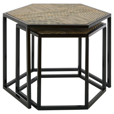 Set Of 2 Natural Wood & Black Hexagon Side Tables With Black Metal Frame, Babita