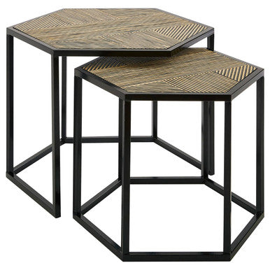 Set Of 2 Natural Wood & Black Hexagon Side Tables With Black Metal Frame, Babita