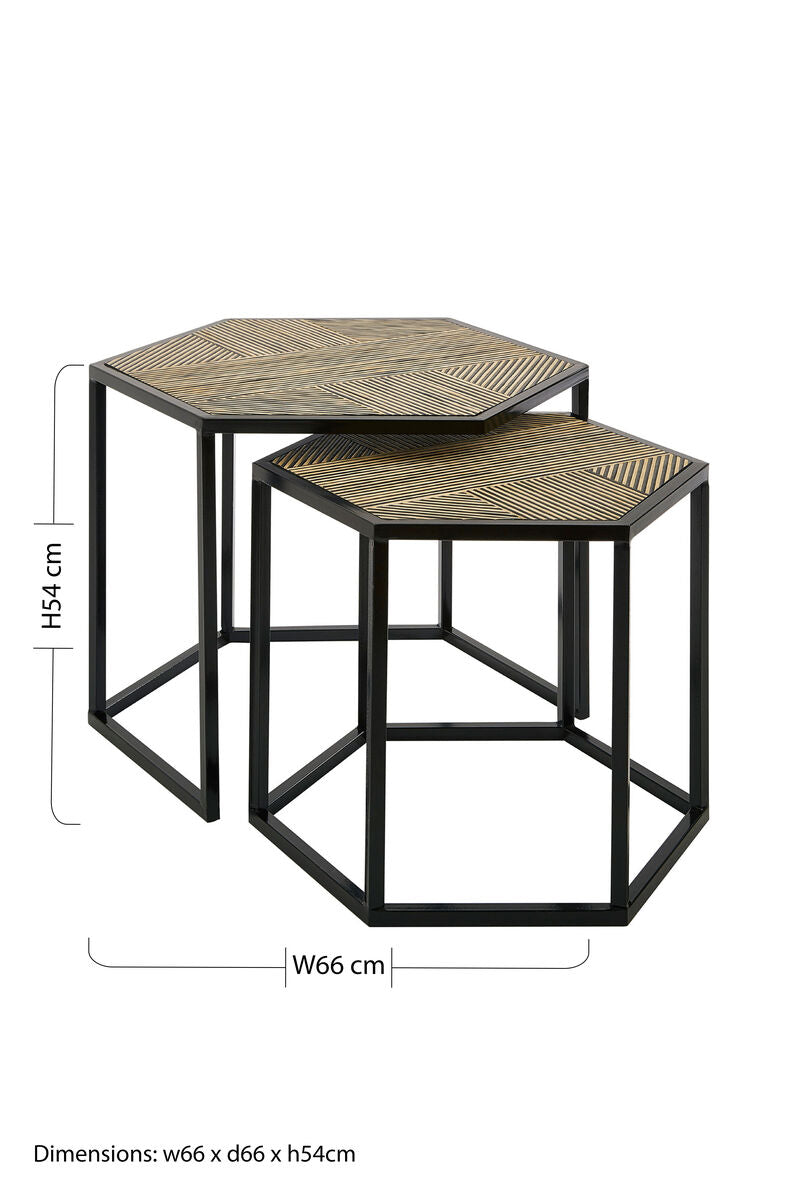 Set Of 2 Natural Wood & Black Hexagon Side Tables With Black Metal Frame, Babita