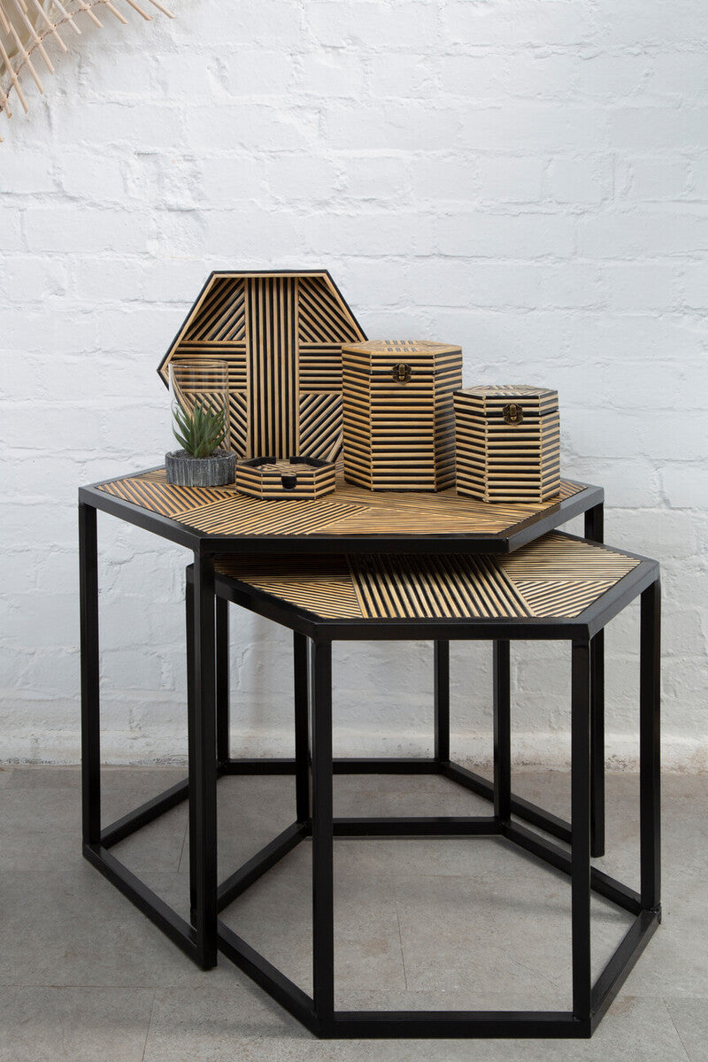 Set Of 2 Natural Wood & Black Hexagon Side Tables With Black Metal Frame, Babita