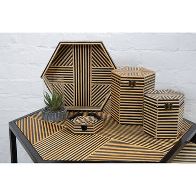 Set Of 2 Natural Wood & Black Hexagon Side Tables With Black Metal Frame, Babita