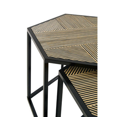 Set Of 2 Natural Wood & Black Hexagon Side Tables With Black Metal Frame, Babita
