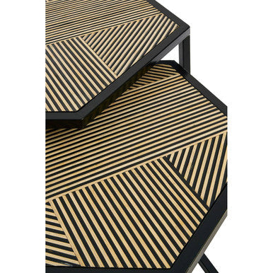 Set Of 2 Natural Wood & Black Hexagon Side Tables With Black Metal Frame, Babita