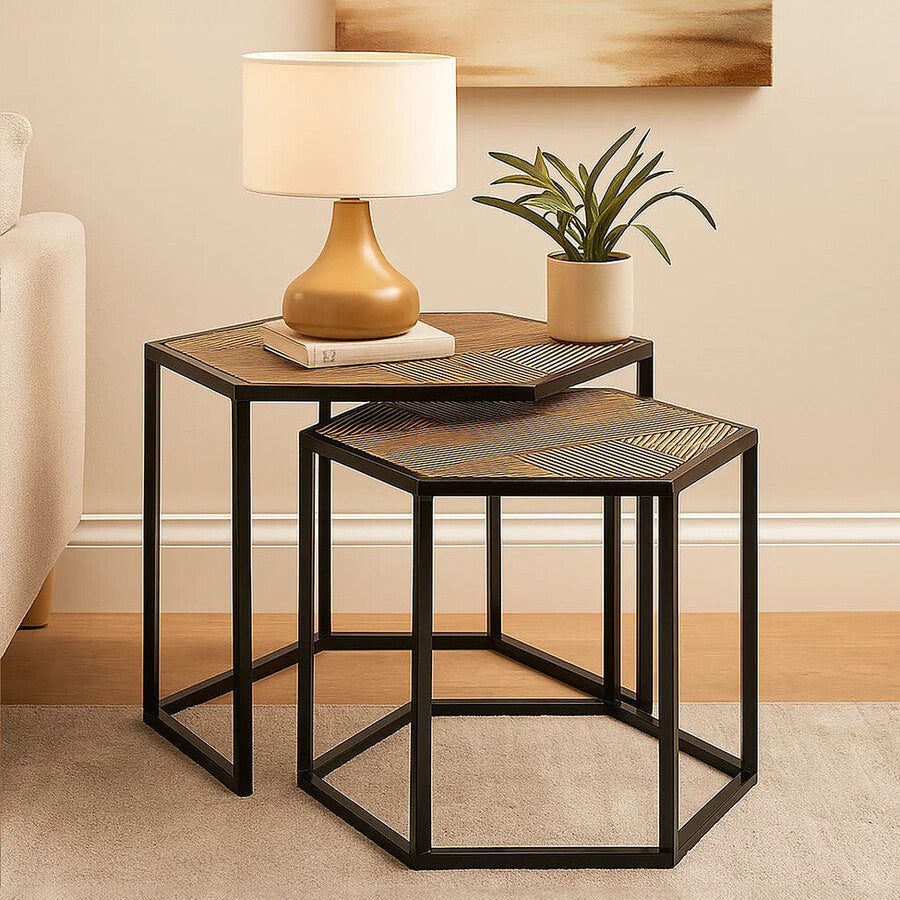 Set Of 2 Natural Wood & Black Hexagon Side Tables With Black Metal Frame, Babita