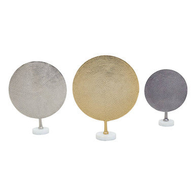 Elias Set Of 3 Hammered Metal Disc Sculptures With Marble Base
