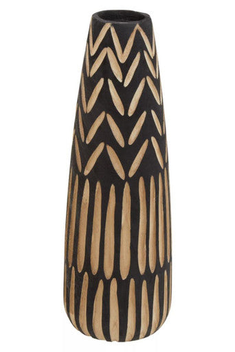 Arlo Large Wooden Engraved Vase In Black & Natural