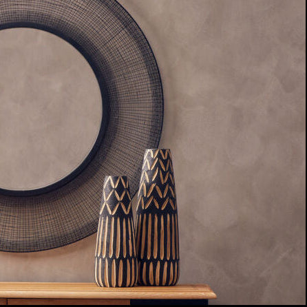 Arlo Large Wooden Engraved Vase In Black & Natural