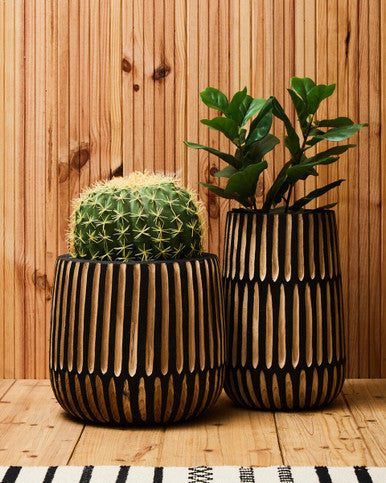 Arlo Large Engraved Natural & Black Wooden Planter