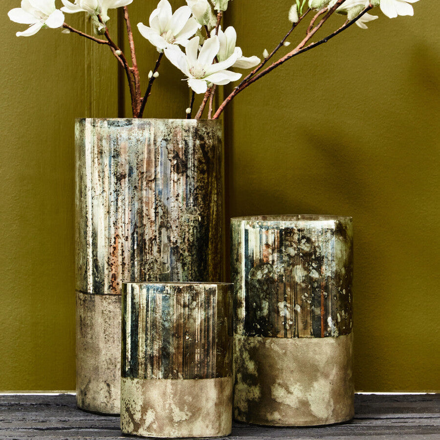 Gaia Large Glass Vase In Metal Antique Finish
