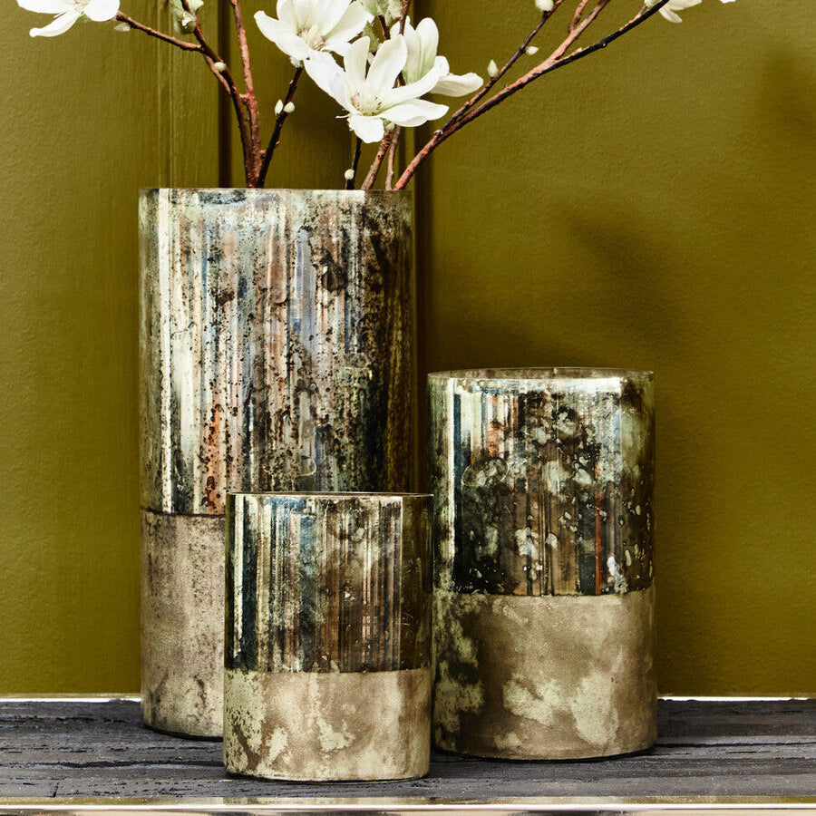 Gaia Medium Glass Vase In Metal Antique Finish