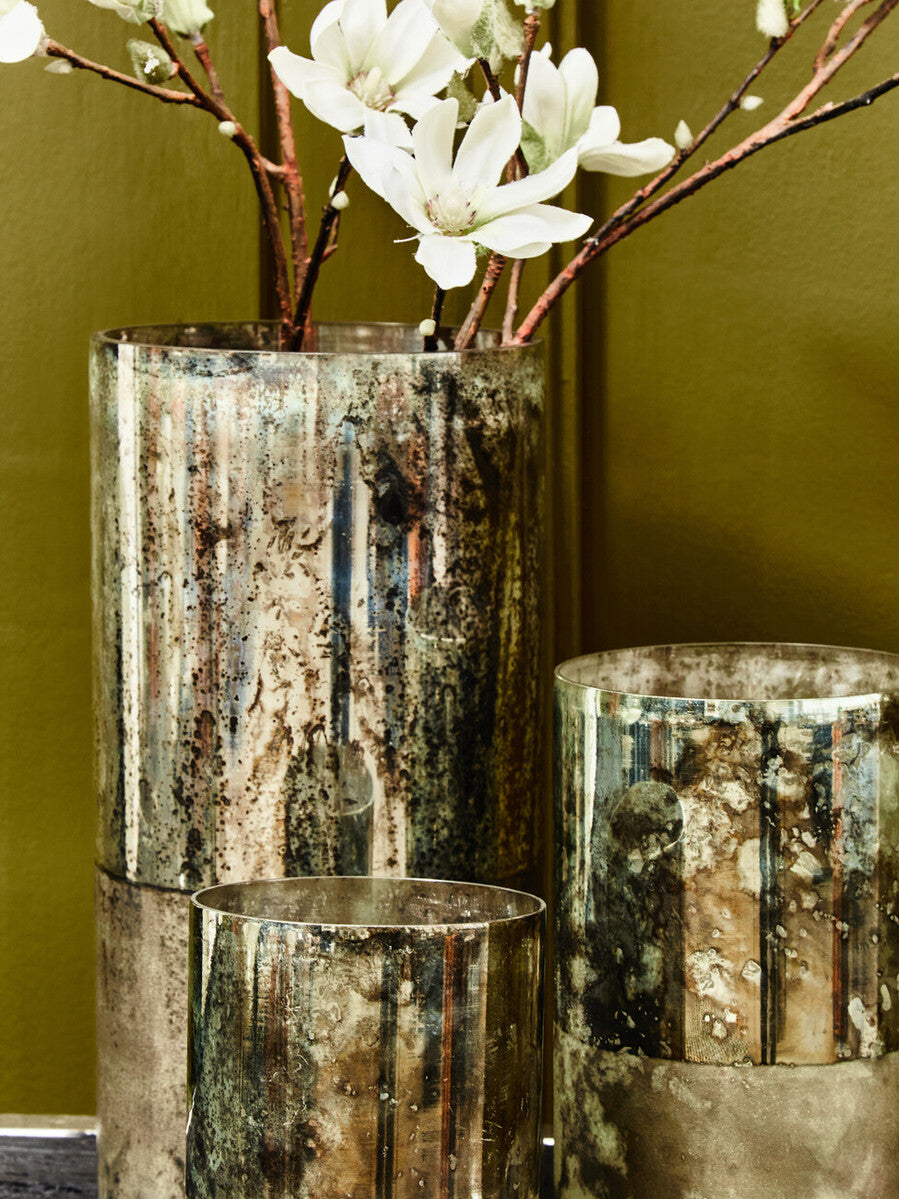 Gaia Medium Glass Vase In Metal Antique Finish