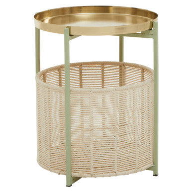 Green Iron Two-Tier Side Table With Gold Iron Top & Natural Cotton Lower Storage, Sabia