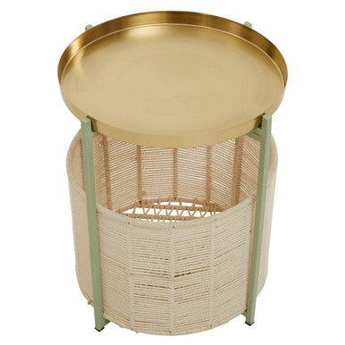 Green Iron Two-Tier Side Table With Gold Iron Top & Natural Cotton Lower Storage, Sabia