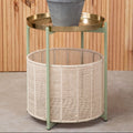 Green Iron Two-Tier Side Table With Gold Iron Top & Natural Cotton Lower Storage, Sabia