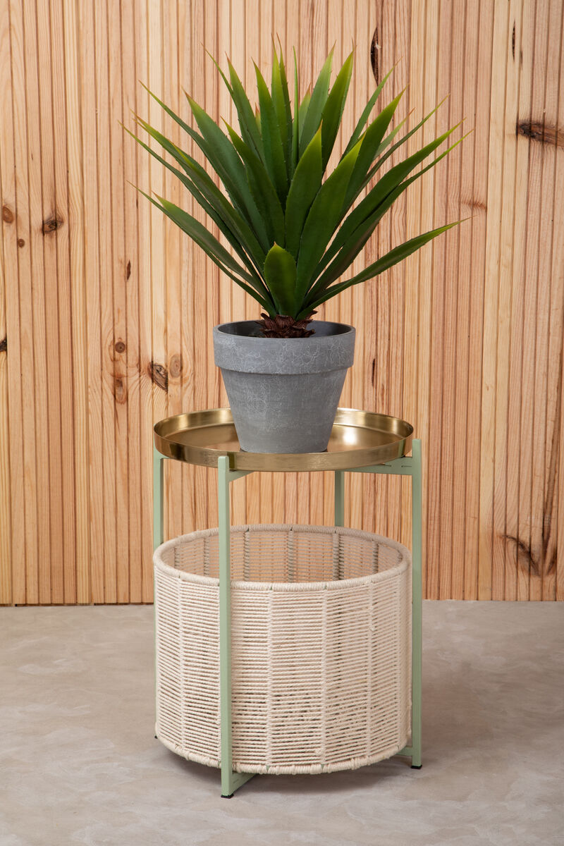 Green Iron Two-Tier Side Table With Gold Iron Top & Natural Cotton Lower Storage, Sabia