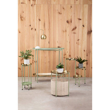 Green Iron Two-Tier Side Table With Gold Iron Top & Natural Cotton Lower Storage, Sabia