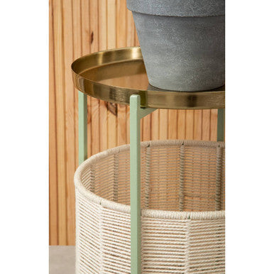 Green Iron Two-Tier Side Table With Gold Iron Top & Natural Cotton Lower Storage, Sabia