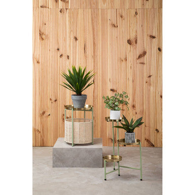 Green Iron Two-Tier Side Table With Gold Iron Top & Natural Cotton Lower Storage, Sabia