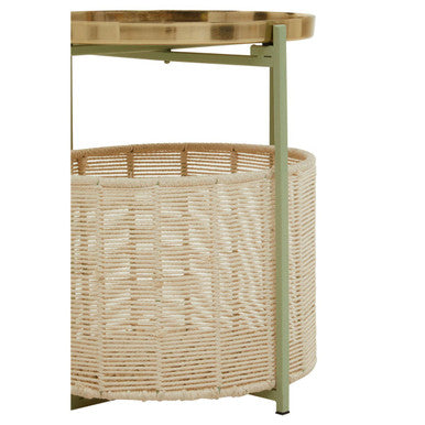 Green Iron Two-Tier Side Table With Gold Iron Top & Natural Cotton Lower Storage, Sabia
