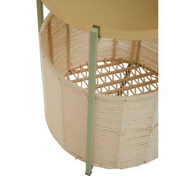 Green Iron Two-Tier Side Table With Gold Iron Top & Natural Cotton Lower Storage, Sabia