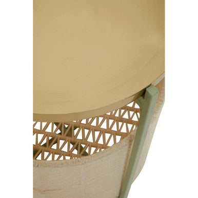 Green Iron Two-Tier Side Table With Gold Iron Top & Natural Cotton Lower Storage, Sabia