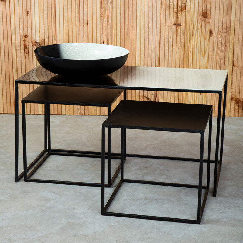 Three Piece Black & White Ombre Coffee Table Set With Slim Metal Frame, Ramus