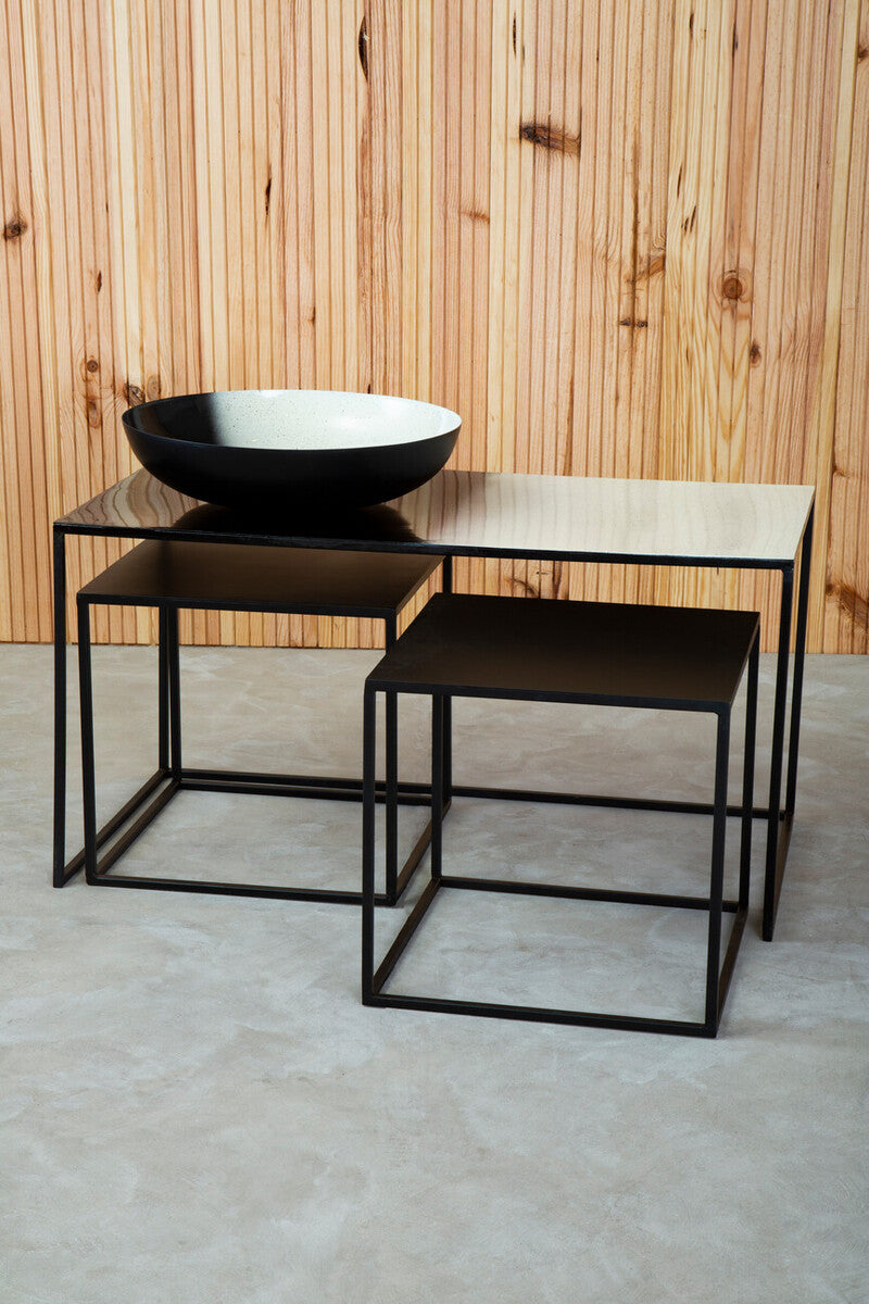 Three Piece Black & White Ombre Coffee Table Set With Slim Metal Frame, Ramus